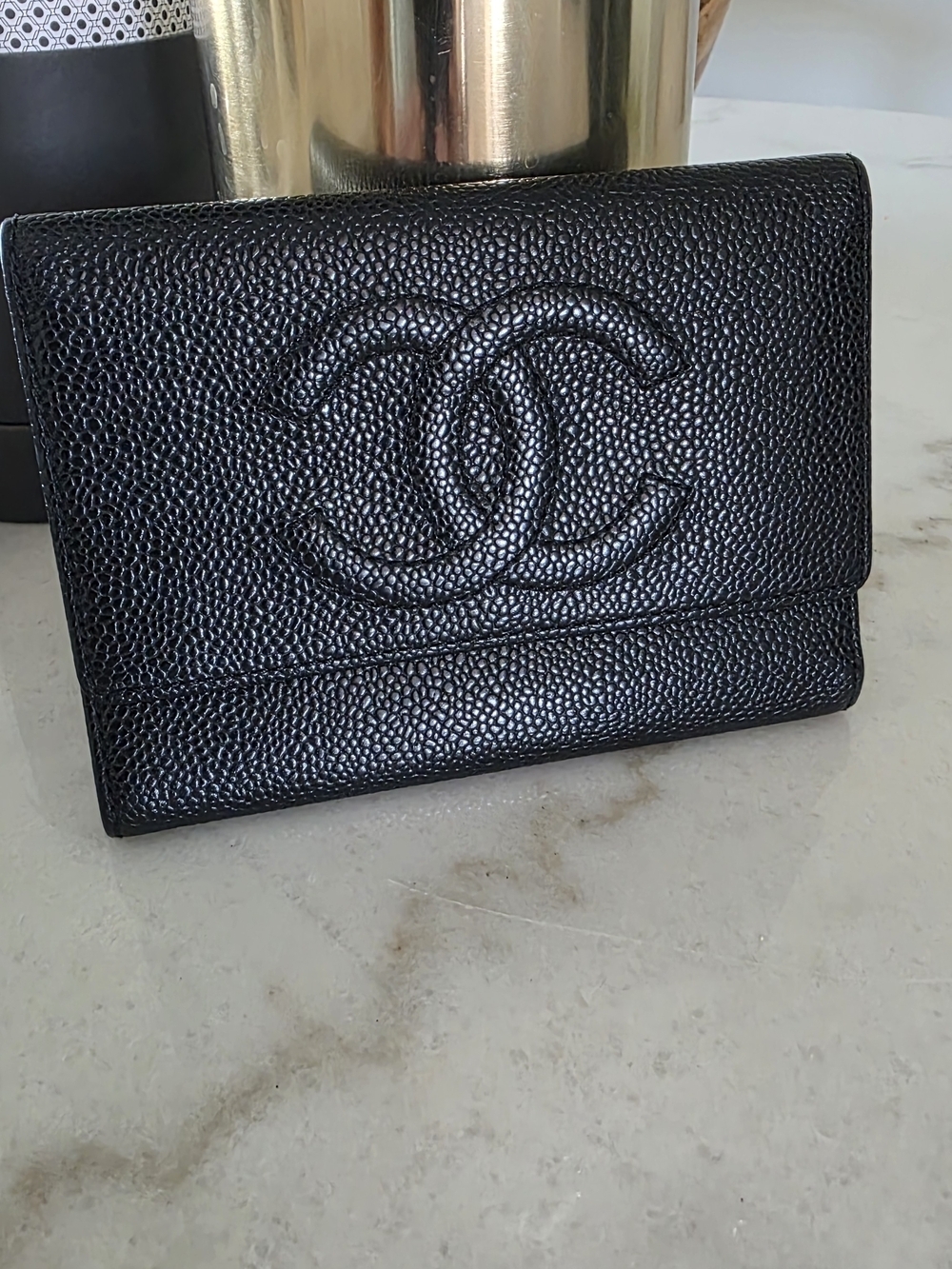 CHANEL Black Quilted Caviar Leather Card Case Wallet
